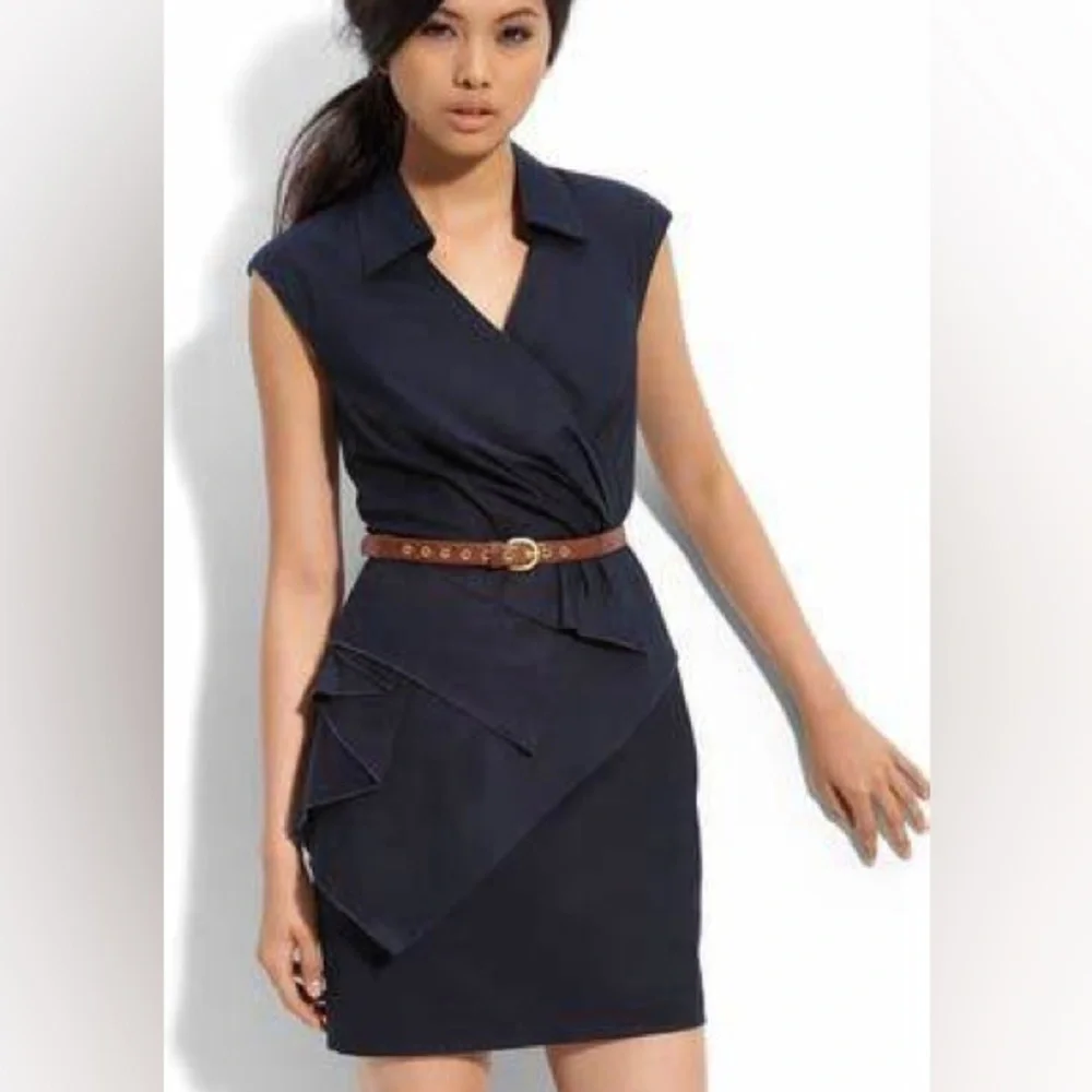Sleeveless Navy Wrap Detail Sheath Dress - Picture 6 of 7